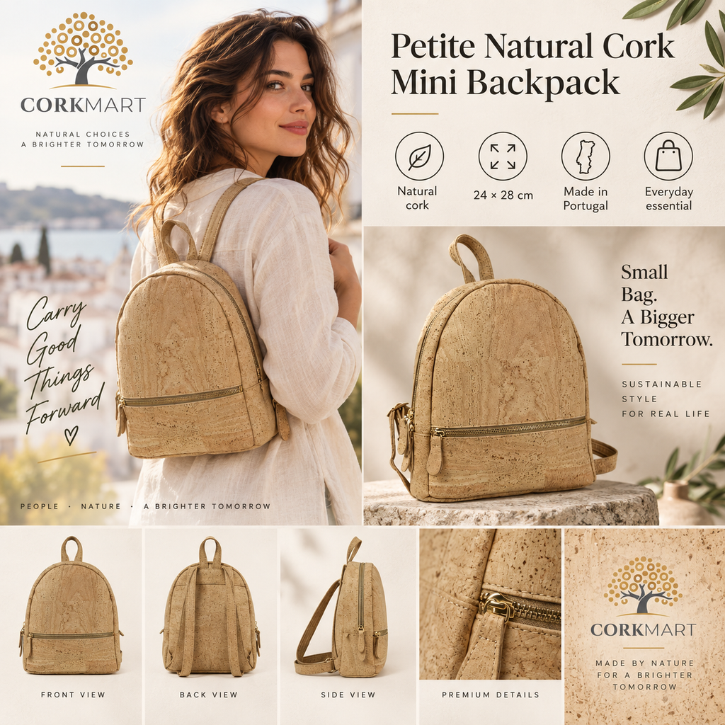 Petite Natural Cork Mini Backpack editorial collage