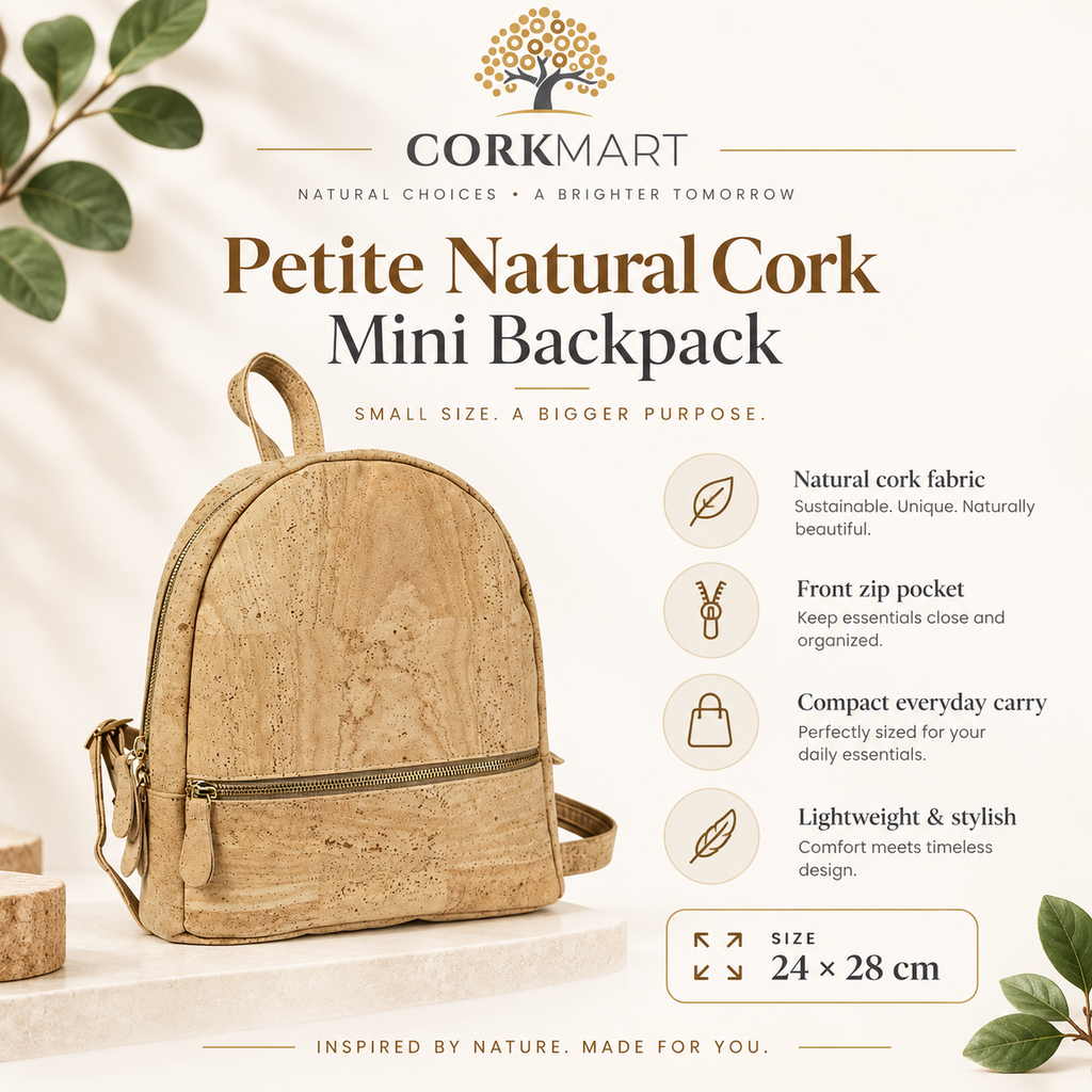 Petite Natural Cork Mini Backpack infographic with size and features