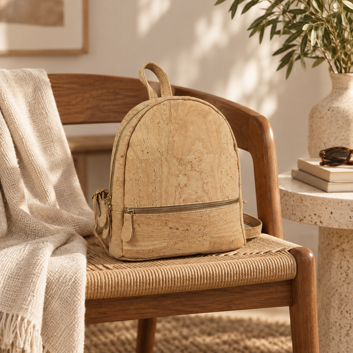 Petite Natural Cork Mini Backpack in a premium lifestyle setting