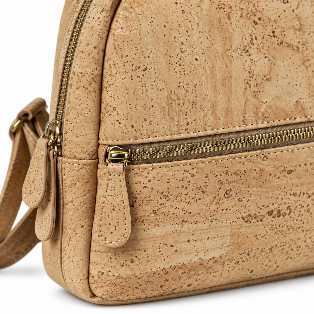 Petite Natural Cork Mini Backpack, natural cork texture and zipper detail