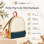 Petite Pop Cork Mini Backpack infographic with size and product details