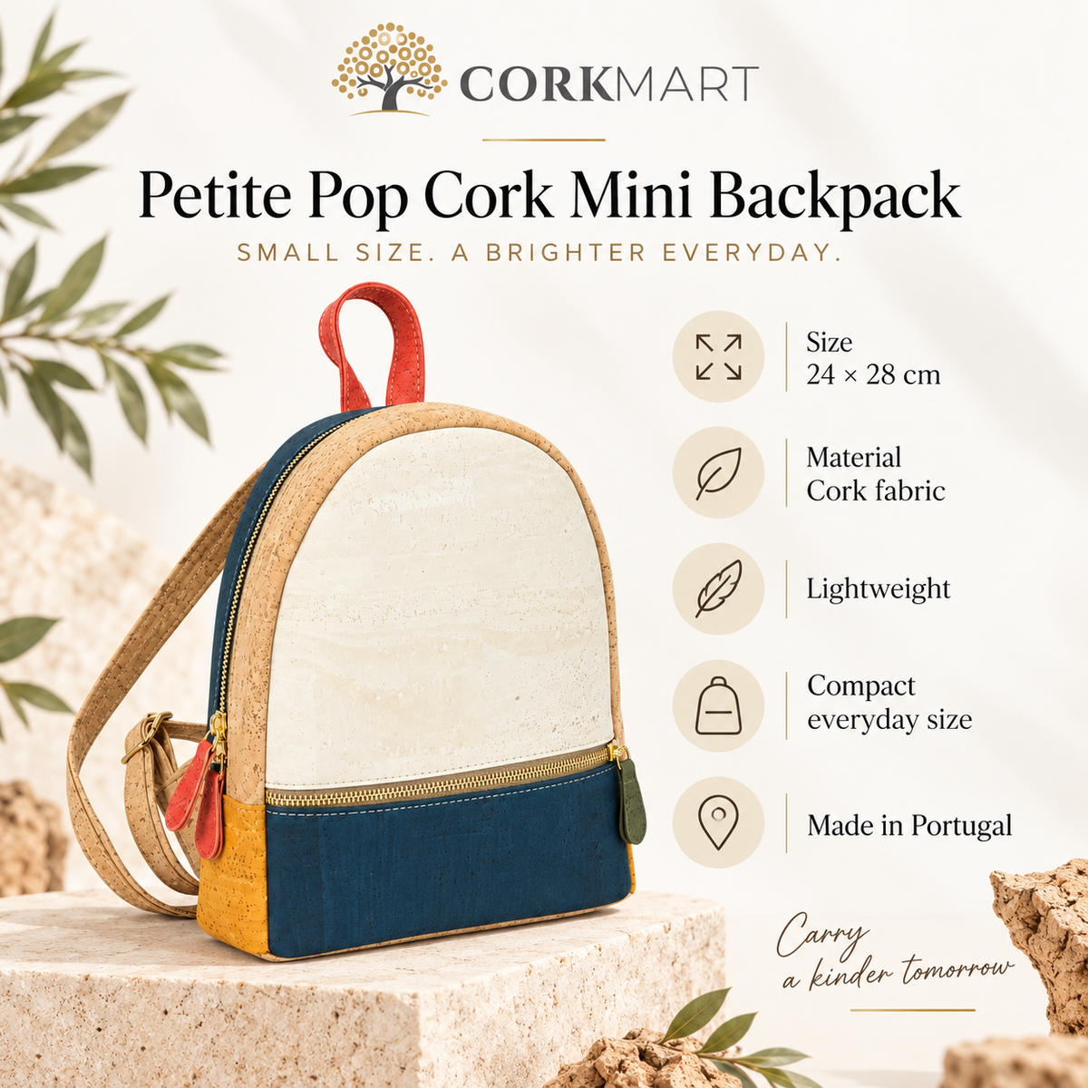 Petite Pop Cork Mini Backpack infographic with size and product details