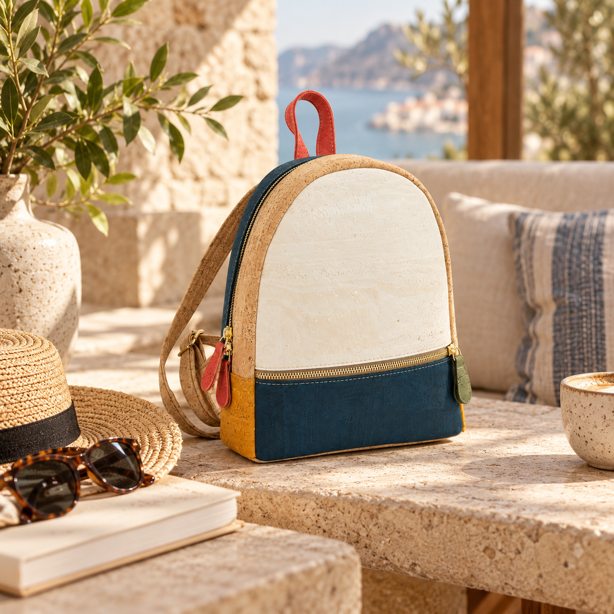 Petite Pop Cork Mini Backpack in a premium travel-inspired lifestyle setting