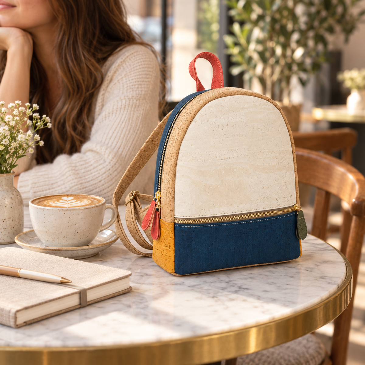Petite Pop Cork Mini Backpack in a cozy cafe setting