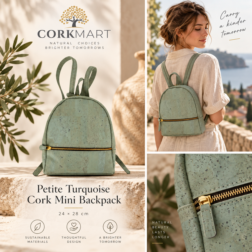 Petite Turquoise Cork Mini Backpack editorial collage
