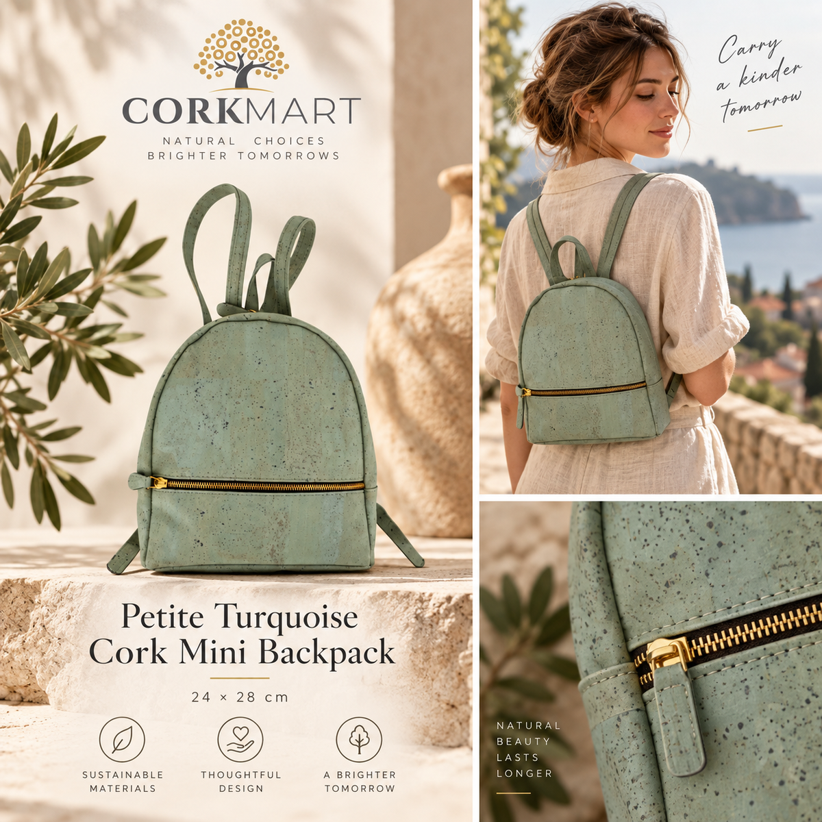 Petite Turquoise Cork Mini Backpack editorial collage