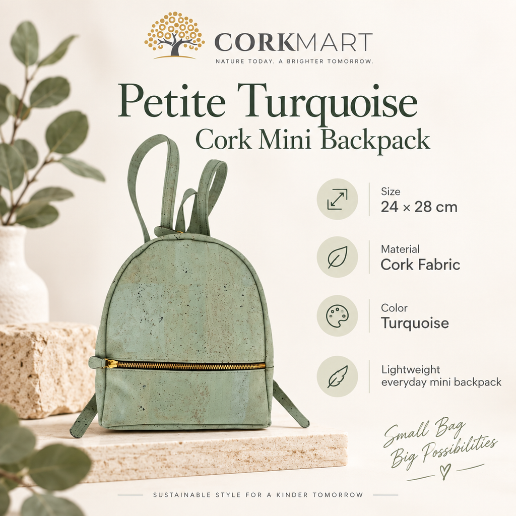 Petite Turquoise Cork Mini Backpack infographic with size and product details