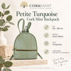 Petite Turquoise Cork Mini Backpack infographic with size and product details