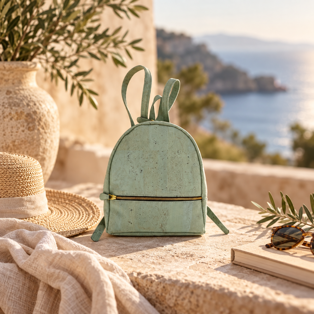 Petite Turquoise Cork Mini Backpack in a premium lifestyle setting