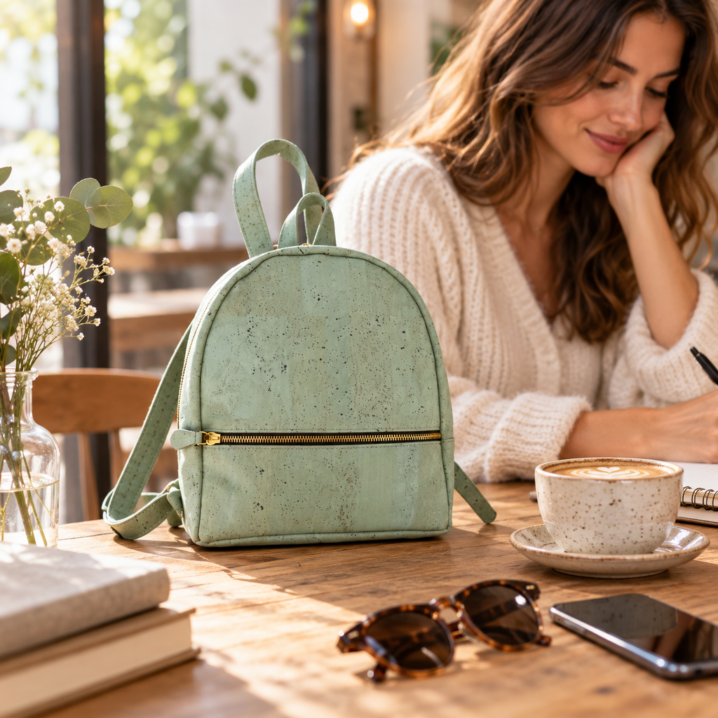 Petite Turquoise Cork Mini Backpack in a cafe and workspace setting