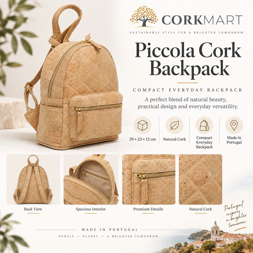 Piccola Cork Backpack infographic with dimensions and product details