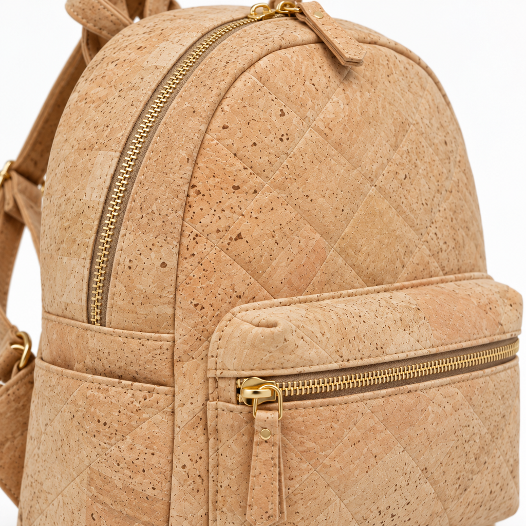 Piccola Cork Backpack, natural cork texture and gold zipper detail