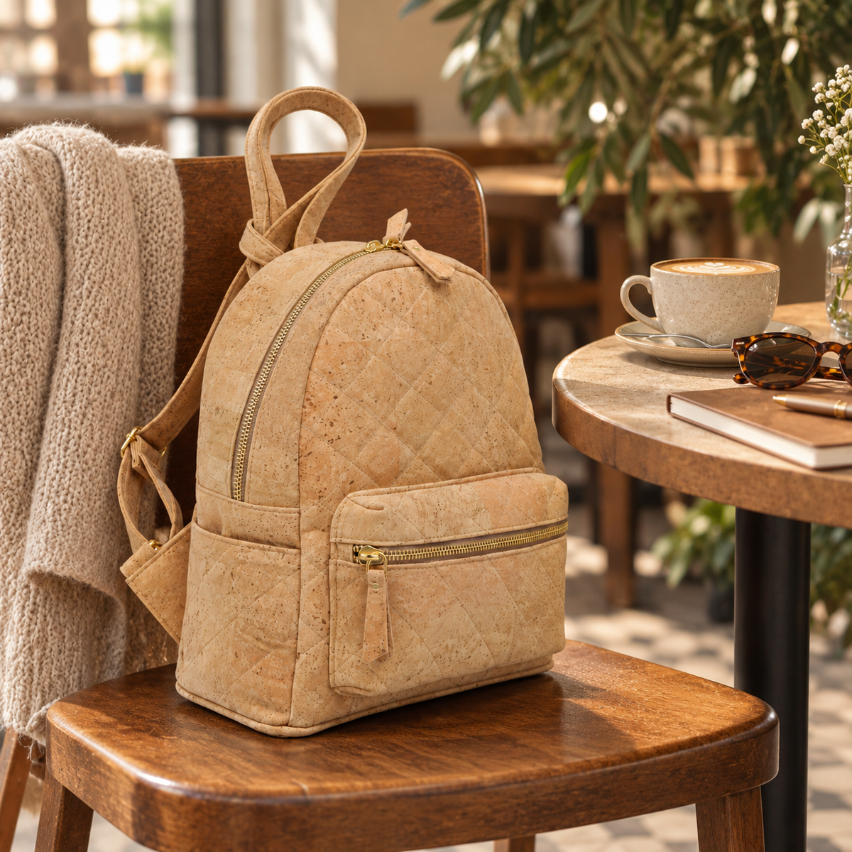 Piccola Cork Backpack in a cozy cafe setting