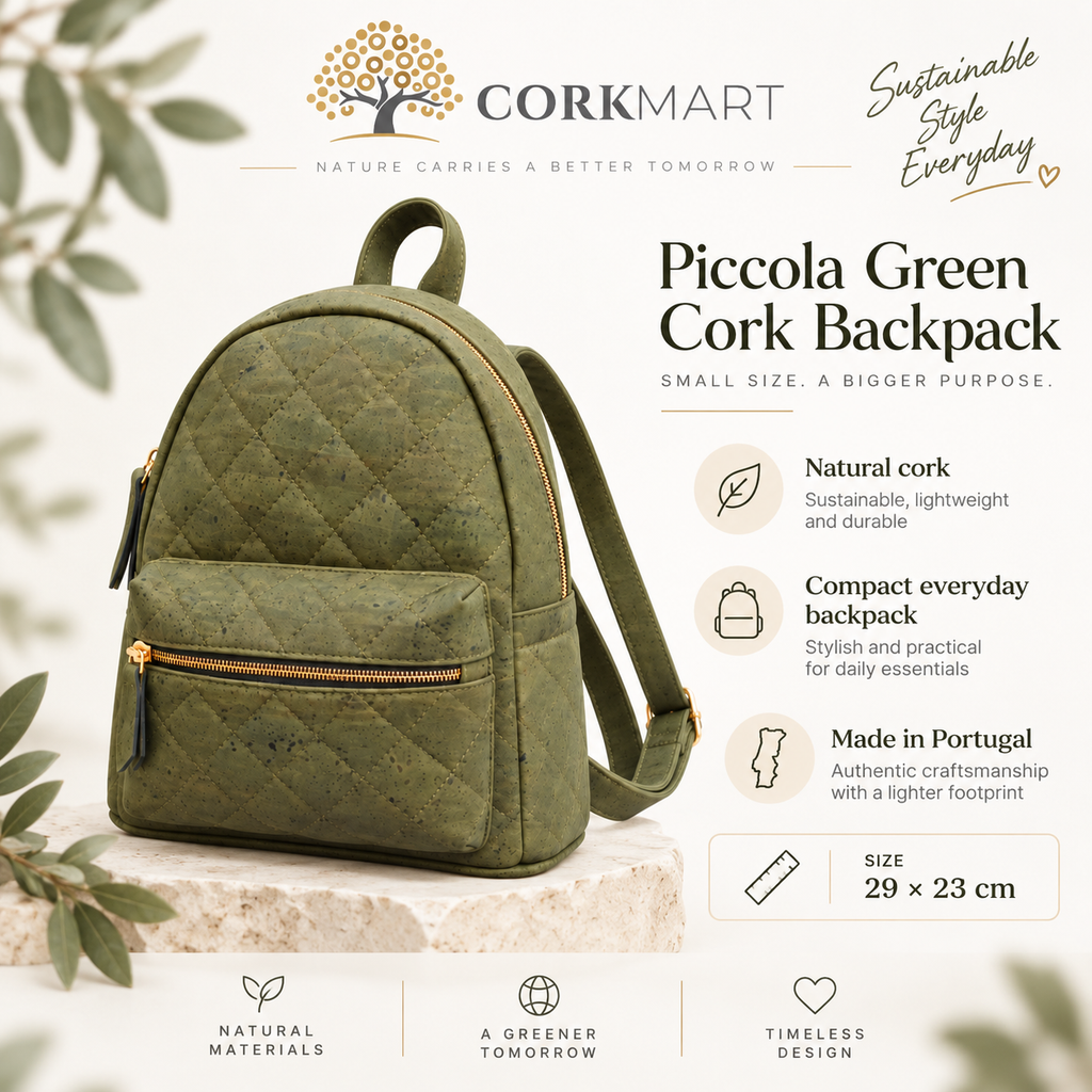 Piccola Green Cork Backpack infographic with dimensions and product details
