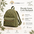 Piccola Green Cork Backpack infographic with dimensions and product details