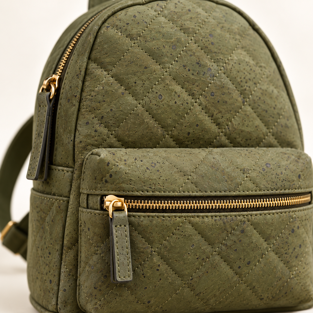 Piccola Green Cork Backpack, quilted cork texture and gold zipper detail