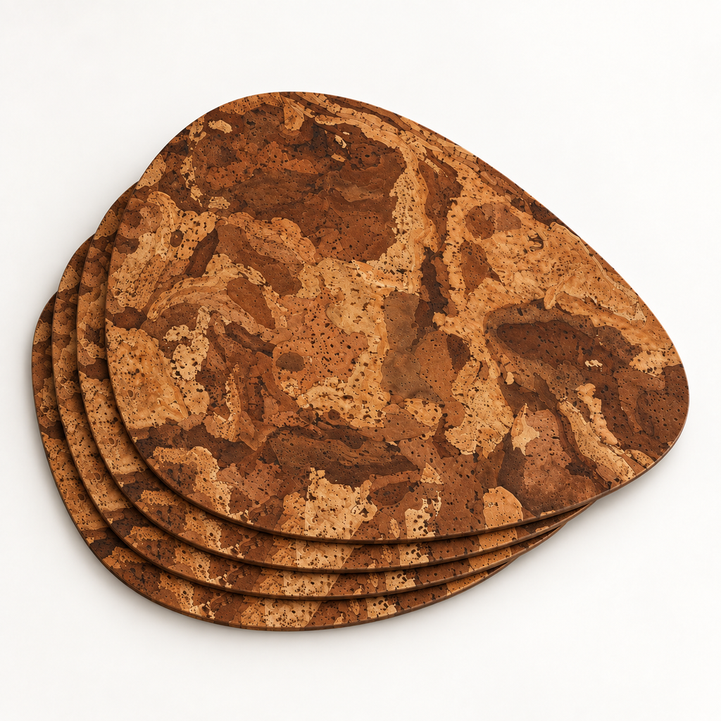 Stack of four Pick Angola cork placemats showing the organic teardrop profile