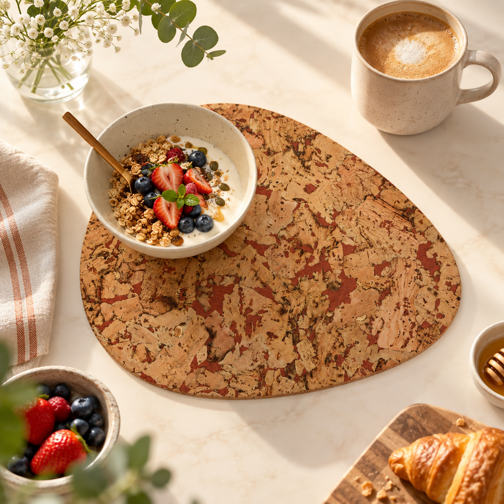 Pick Fjord Maroon cork placemat in a bright breakfast table setting