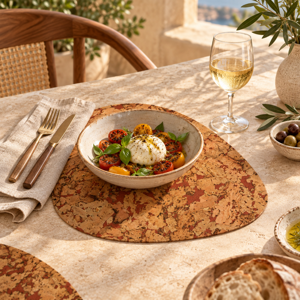 Pick Fjord Maroon cork placemat in a refined Mediterranean dining table setting