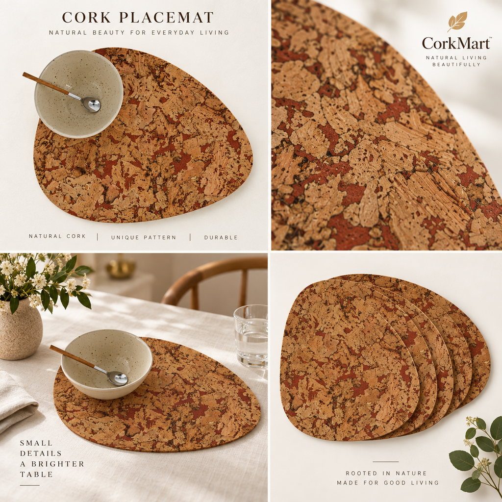 Pick Fjord Maroon cork placemats editorial collage with CorkMart branding