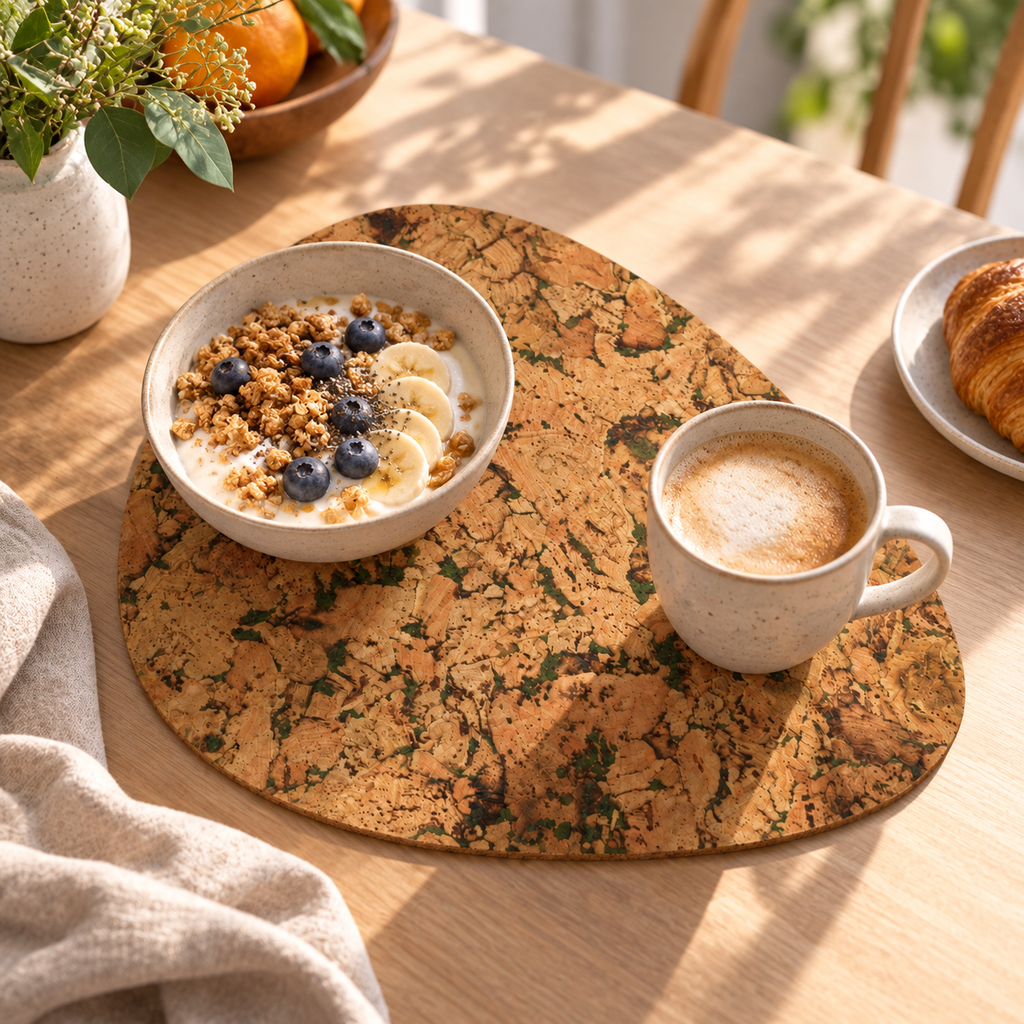 Pick Fjord Moss cork placemat in a bright Scandinavian breakfast table setting