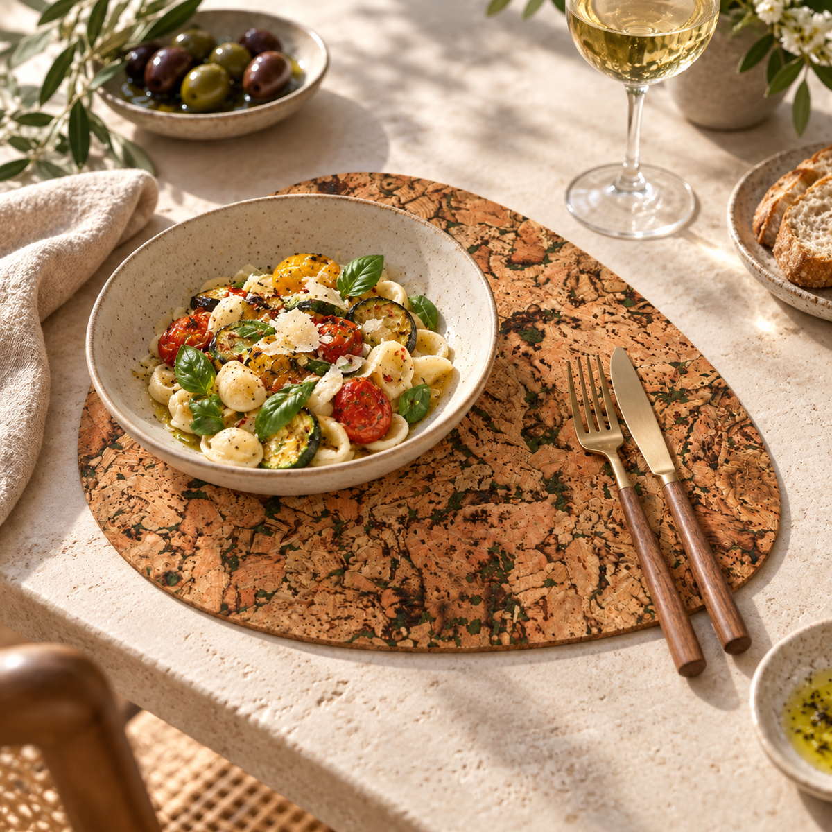 Pick Fjord Moss cork placemat in a refined Mediterranean dining table setting