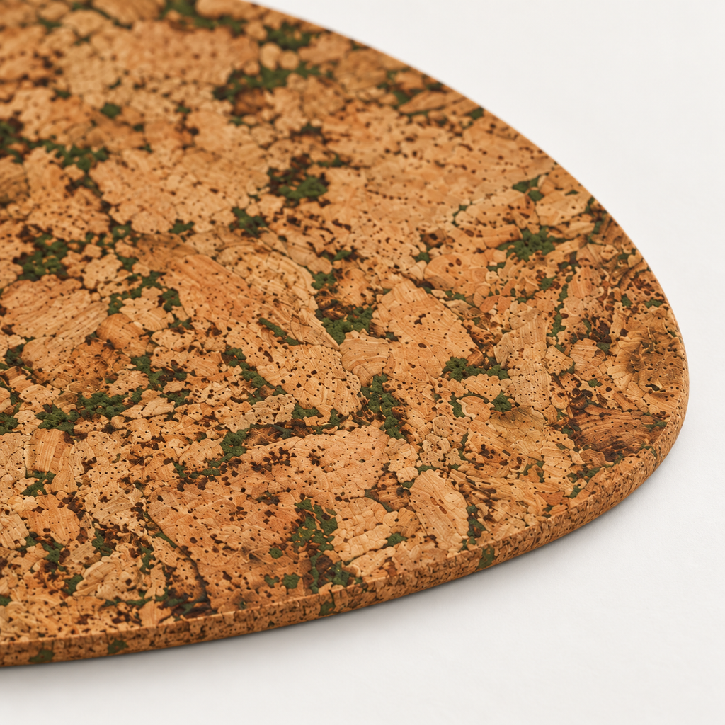 Macro close-up of Pick Fjord Moss cork placemat texture and 3 mm edge
