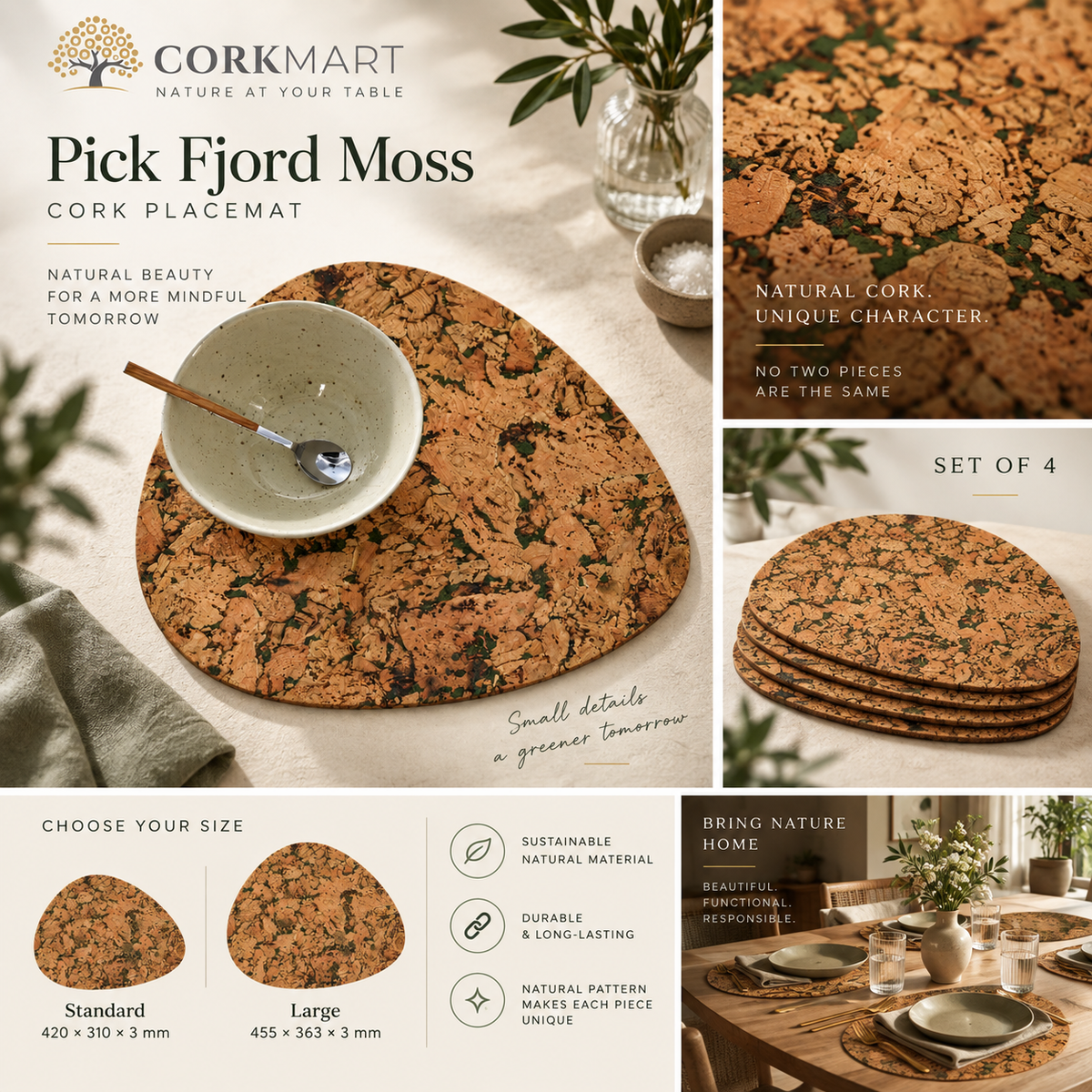 Pick Fjord Moss cork placemats editorial collage with CorkMart branding and size information
