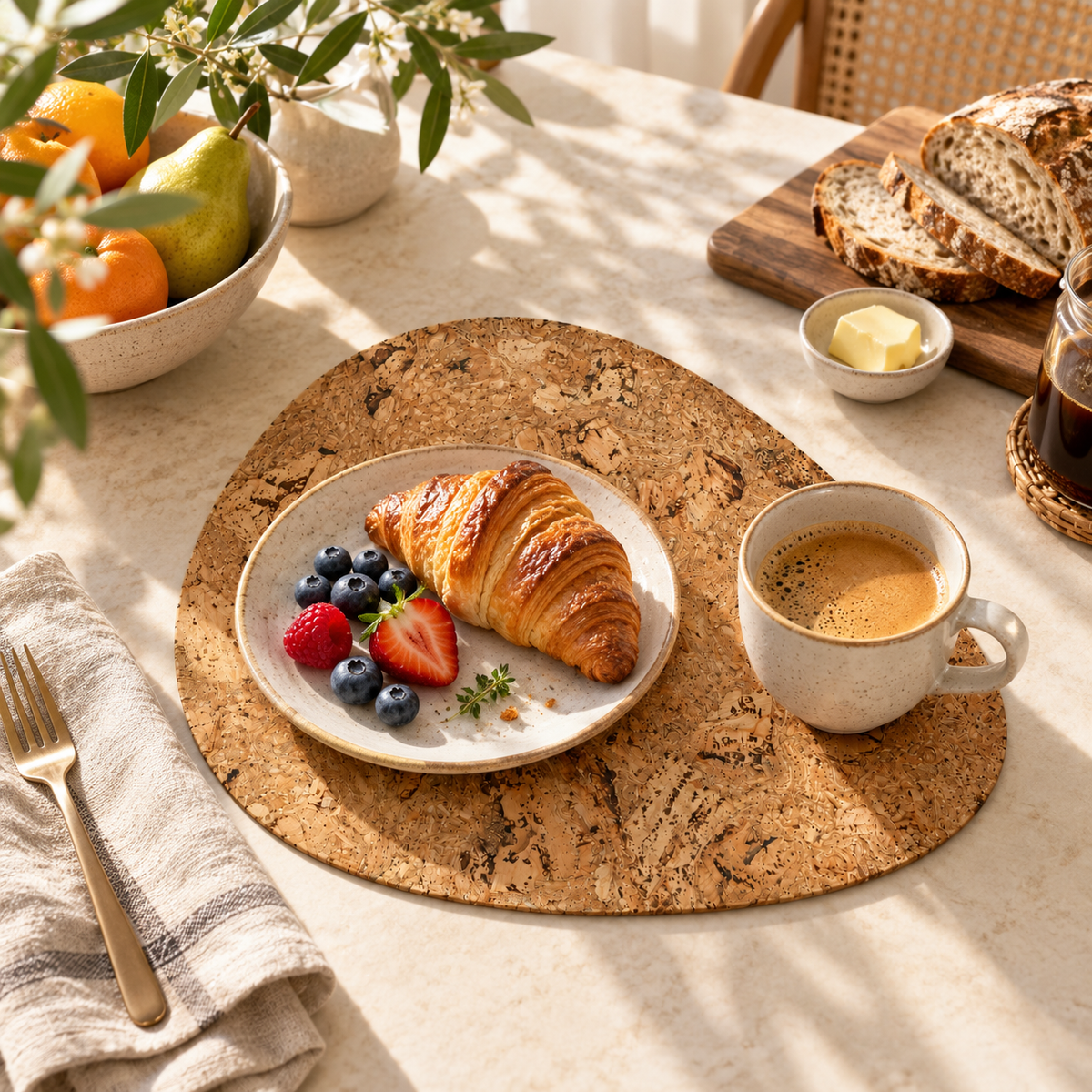Pick Iceberg Natural cork placemat in a bright breakfast table setting