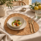 Pick Iceberg Natural cork placemat in a refined Mediterranean dining table setting