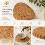 Pick Iceberg Natural cork placemats editorial collage with CorkMart branding and size information