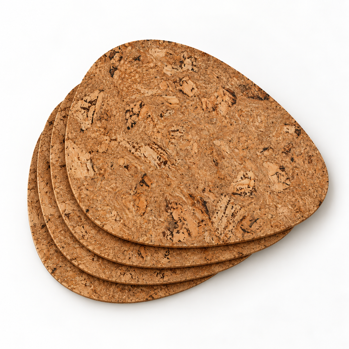 Stack of four Pick Iceberg Natural cork placemats showing the organic teardrop profile