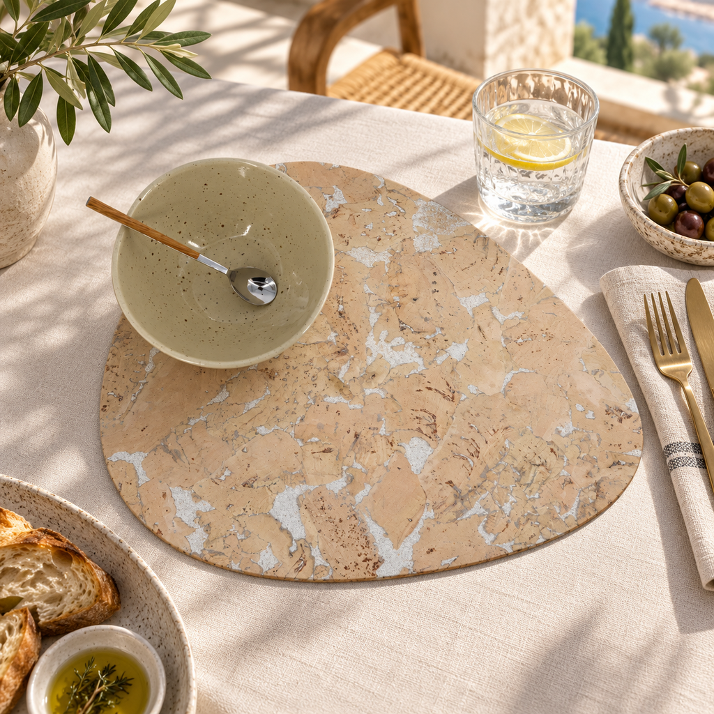 Pick Snow White cork placemat in a refined Mediterranean dining table setting