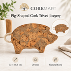 Pig-Shaped Cork Trivet Icegrey product collage with official CorkMart logo, dimensions and 20 mm thickness