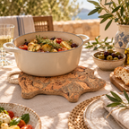 Pig-Shaped Cork Trivet Icegrey in a Mediterranean table setting