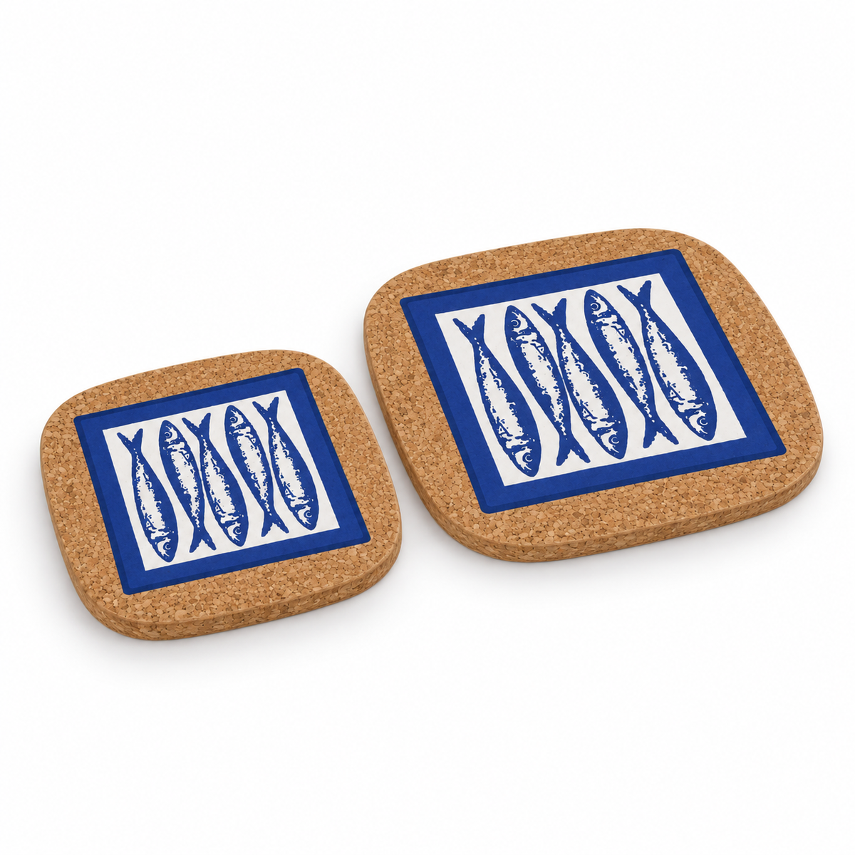 Portuguese Sardine Cork Trivets set of 2, alternate studio angle