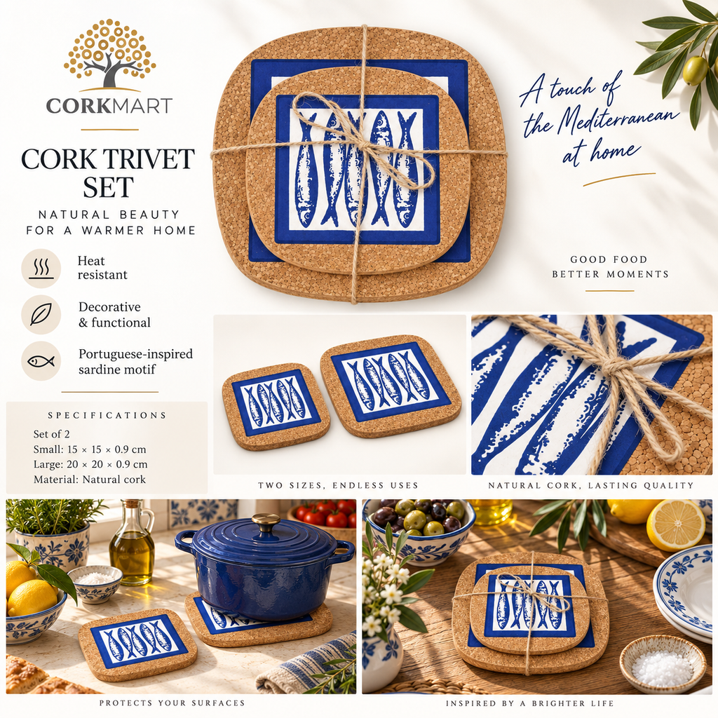 Portuguese Sardine Cork Trivets set of 2 product collage with official CorkMart logo and dimensions