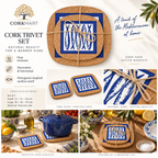 Portuguese Sardine Cork Trivets set of 2 product collage with official CorkMart logo and dimensions