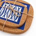 Close-up of Portuguese Sardine Cork Trivets natural cork texture, print and twine