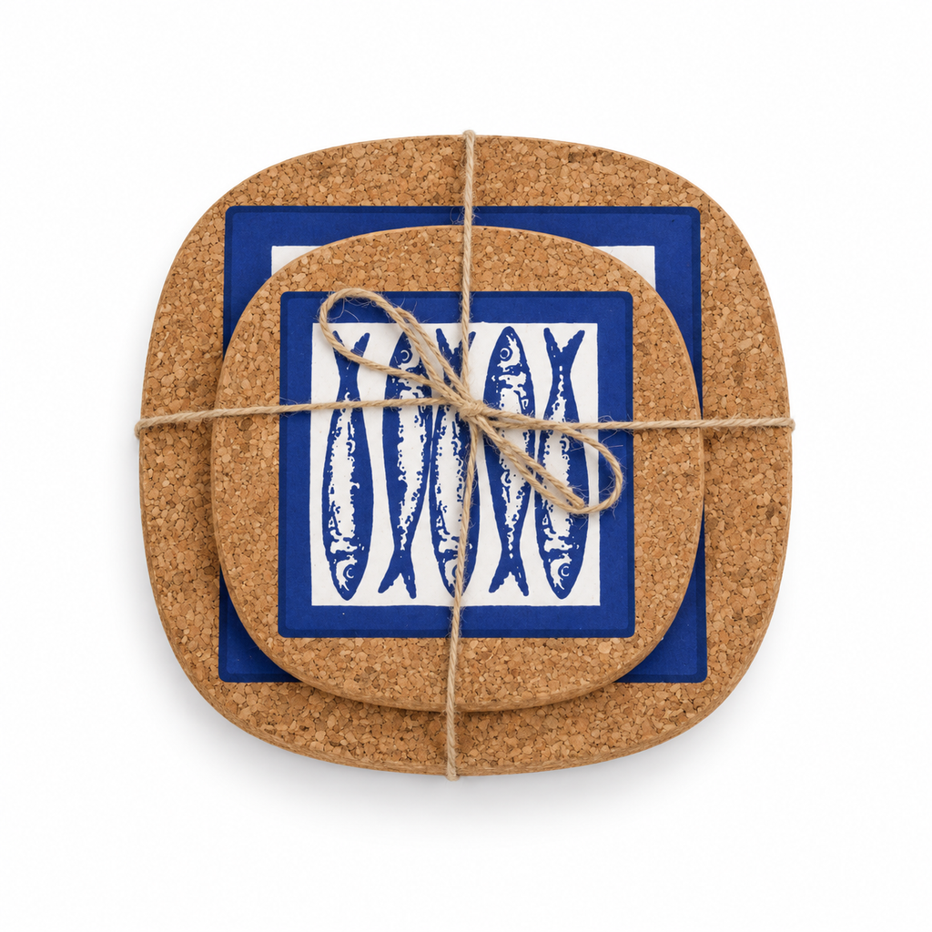 Portuguese Sardine Cork Trivets set of 2, 15 cm and 20 cm, on white background