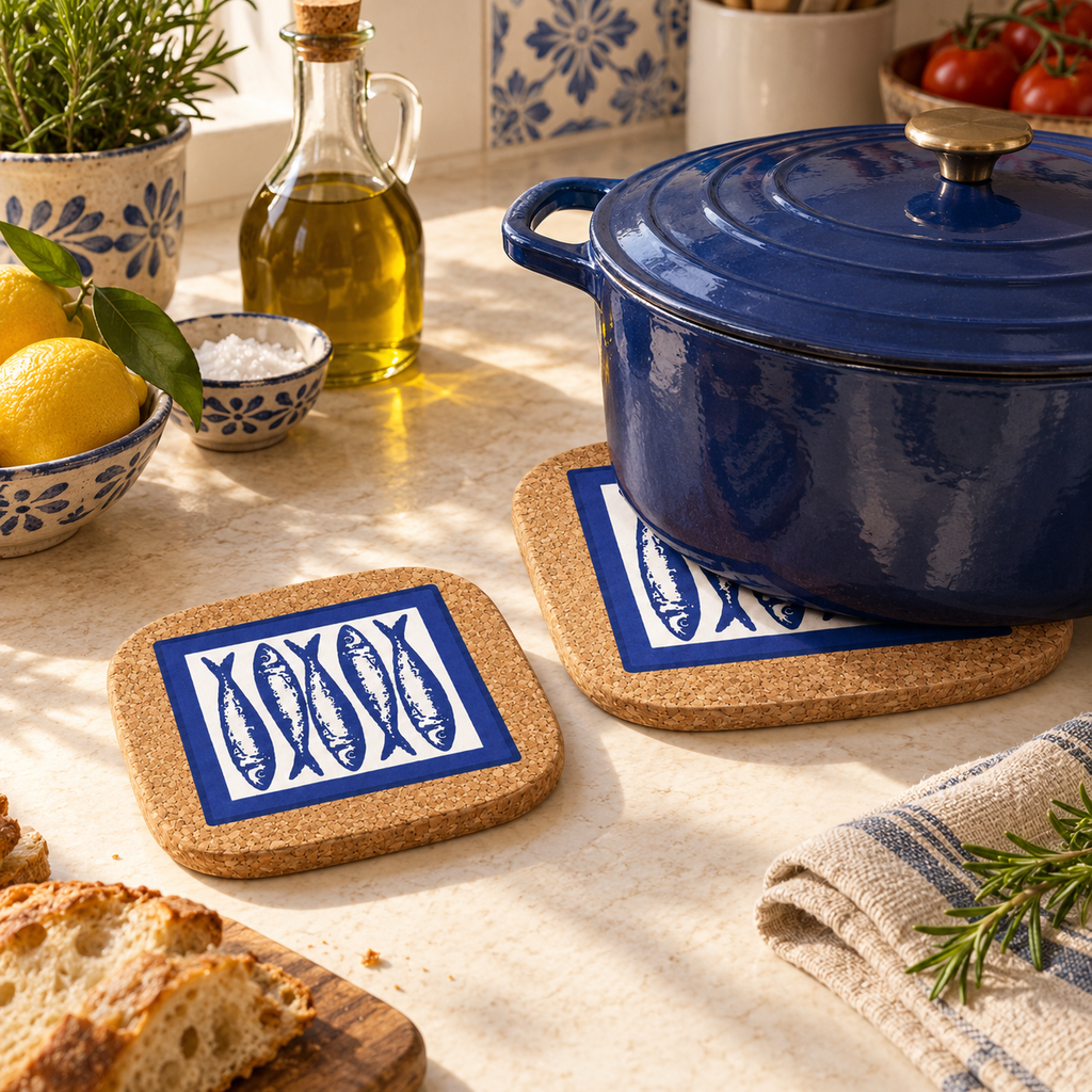 Portuguese Sardine Cork Trivet supporting hot cookware in a Mediterranean kitchen
