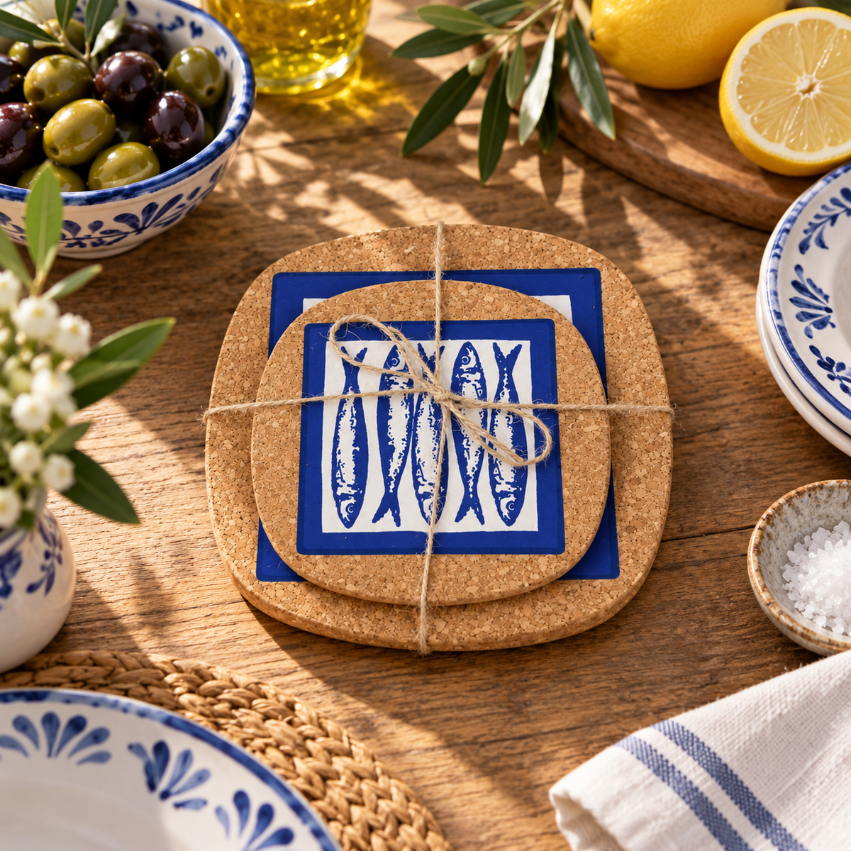 Portuguese Sardine Cork Trivets set of 2 in a Mediterranean table setting