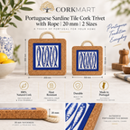 Portuguese Sardine Tile Cork Trivet product collage with CorkMart logo, sizes and 20 mm thickness