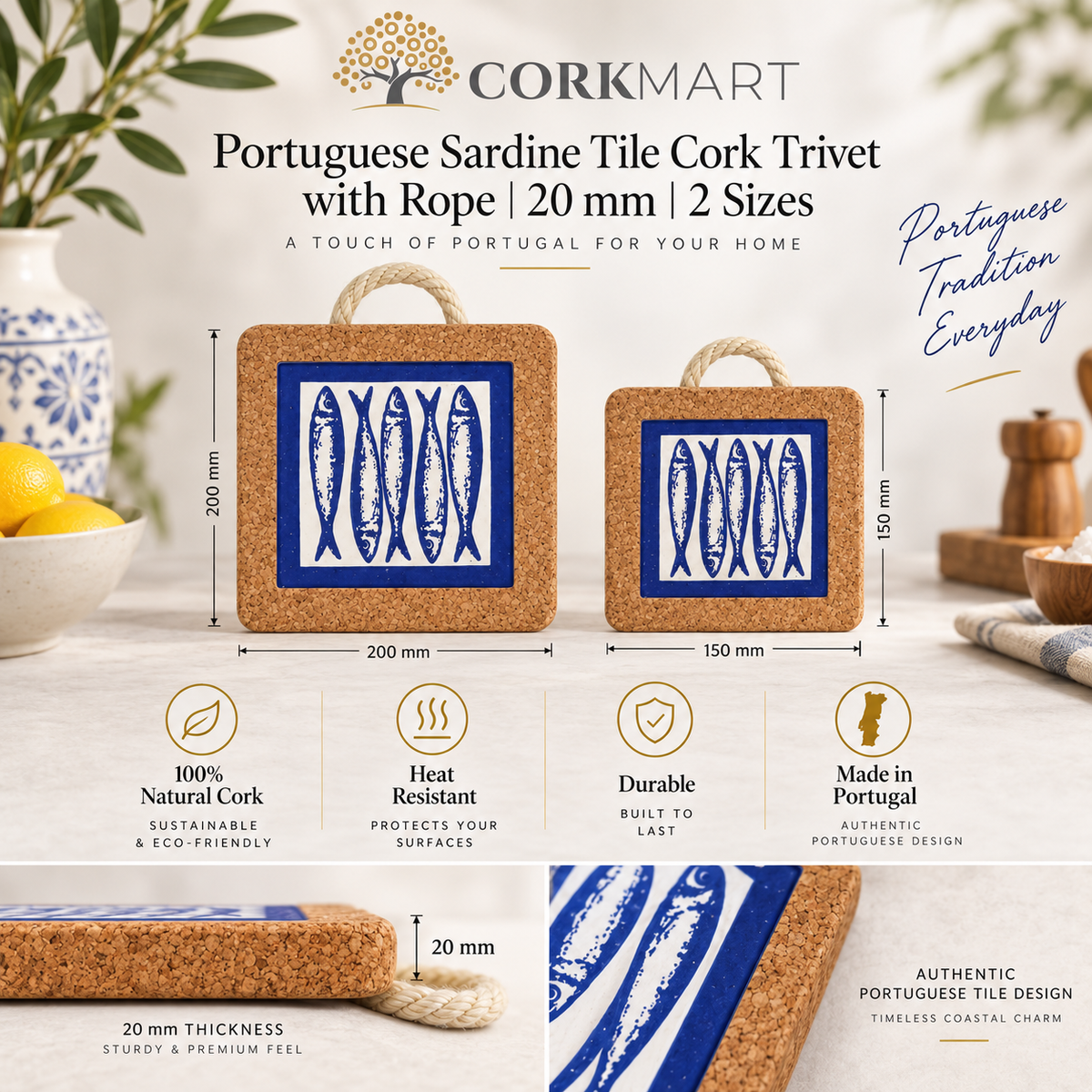 Portuguese Sardine Tile Cork Trivet product collage with CorkMart logo, sizes and 20 mm thickness