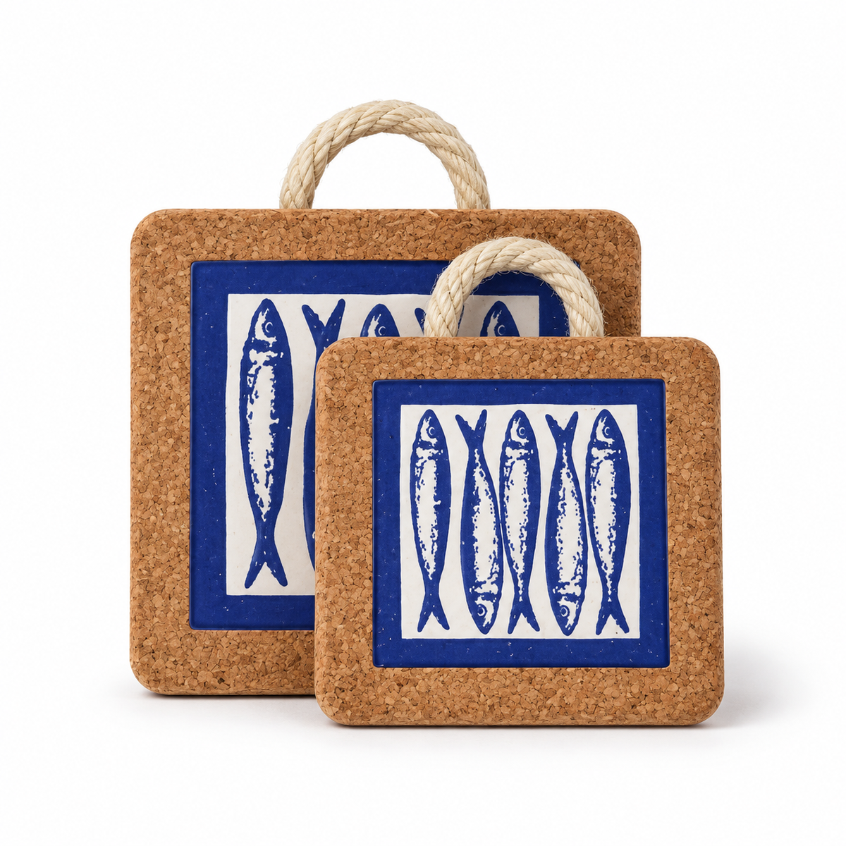 Portuguese Sardine Tile Cork Trivet with Rope in 15 cm and 20 cm sizes