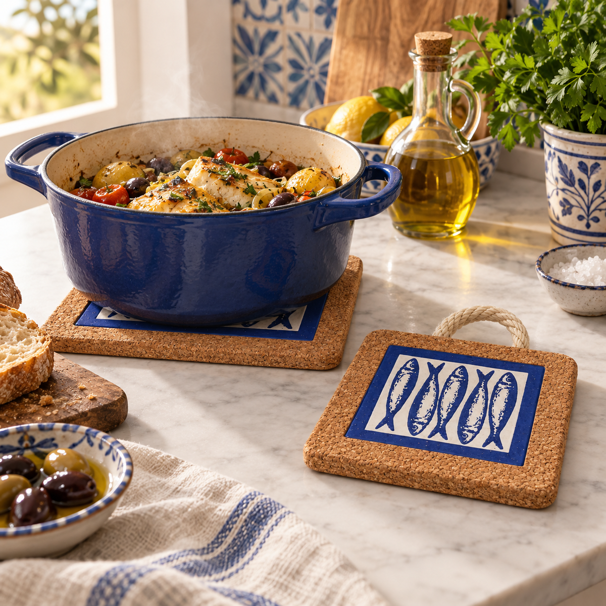 Portuguese Sardine Tile Cork Trivet supporting hot cookware in a Mediterranean kitchen