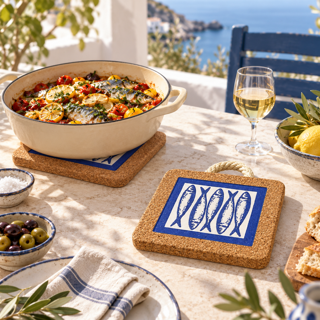 Portuguese Sardine Tile Cork Trivet in a Mediterranean dining setting