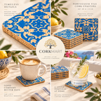 Portuguese Tile cork coasters editorial collage with official CorkMart branding