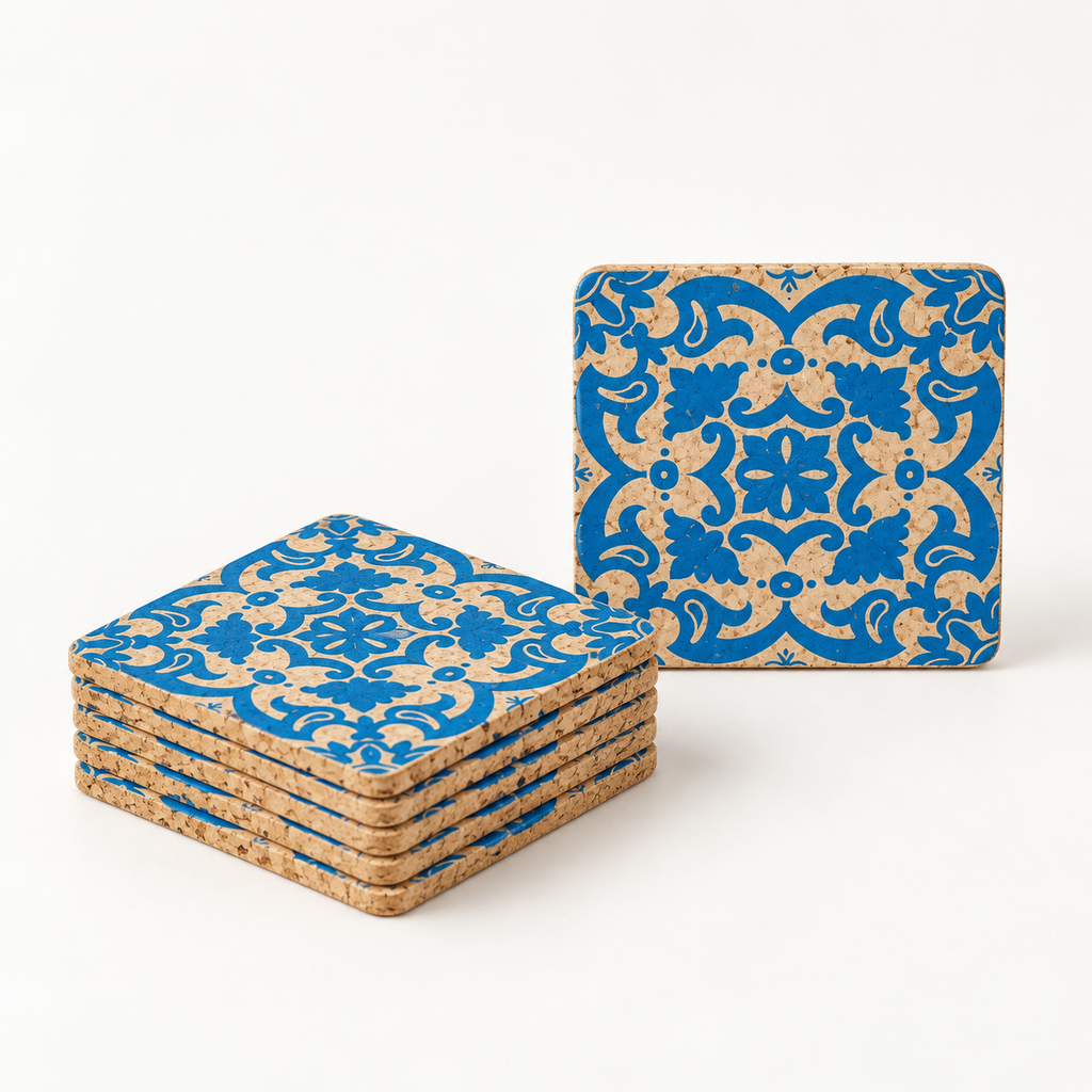 Portuguese Tile cork coasters, set of 6, 9 cm — premium studio hero