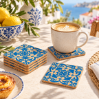 Portuguese Tile cork coaster in a bright Mediterranean coffee setting